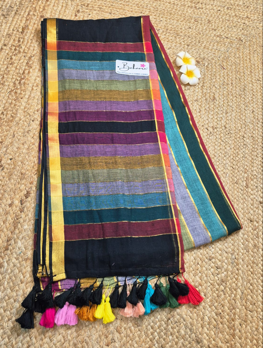 Noor | Party Black Mul Mul Cotton Saree with Rainbow Stripe