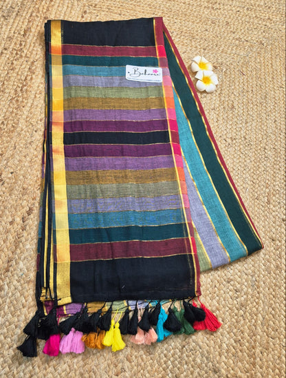 Noor | Party Black Mul Mul Cotton Saree with Rainbow Stripe
