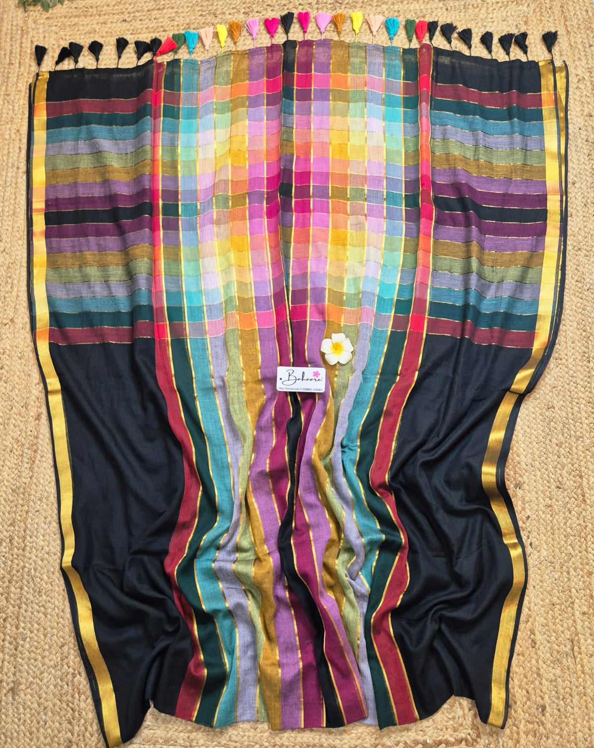 Noor | Party Black Mul Mul Cotton Saree with Rainbow Stripe