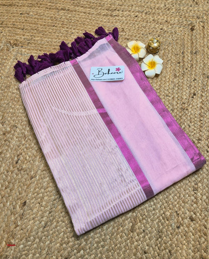Noor | Soft Pink Mul Mul Cotton Saree with Magenta Border