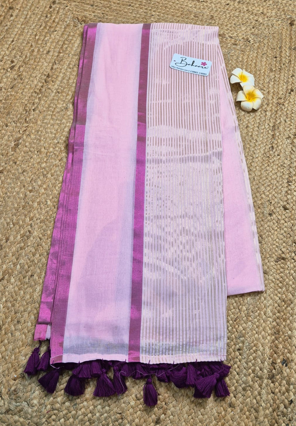 Noor | Soft Pink Mul Mul Cotton Saree with Magenta Border