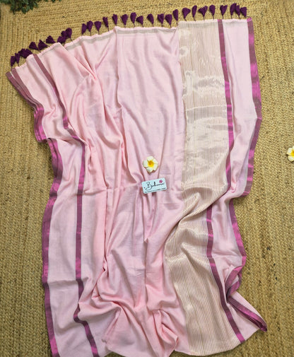 Noor | Soft Pink Mul Mul Cotton Saree with Magenta Border