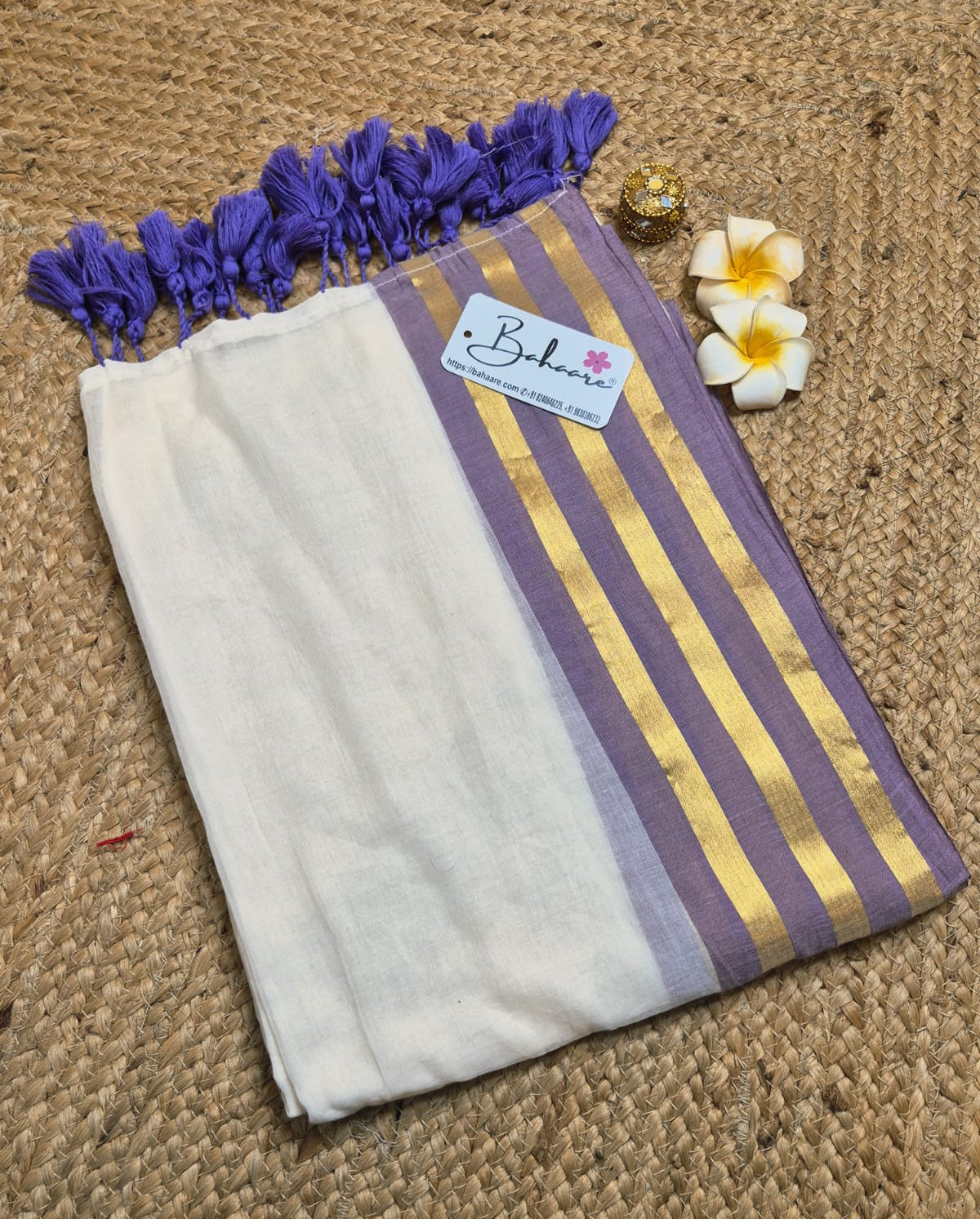 Mohini | Classy Off White Mul Mul Cotton Saree with Lavender and Golden Border