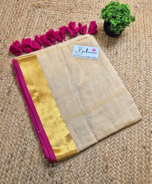 Mohini | Blush Beige Mul Mul Cotton Saree with Rani and Golden Zari Border