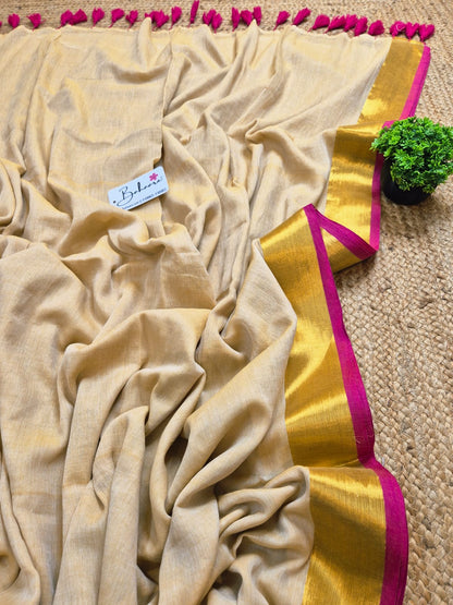 Mohini | Blush Beige Mul Mul Cotton Saree with Rani and Golden Zari Border