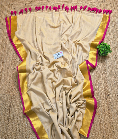 Mohini | Blush Beige Mul Mul Cotton Saree with Rani and Golden Zari Border