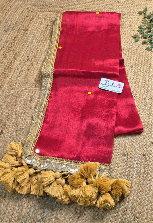 Megha | Bridal Red Tissue Saree with Sequin and Designer Zari Lace