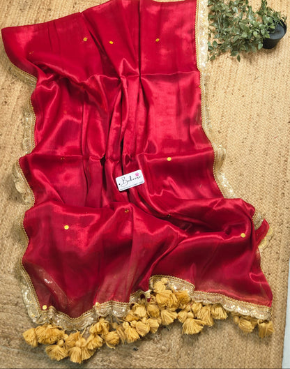 Megha | Bridal Red Tissue Saree with Sequin and Designer Zari Lace