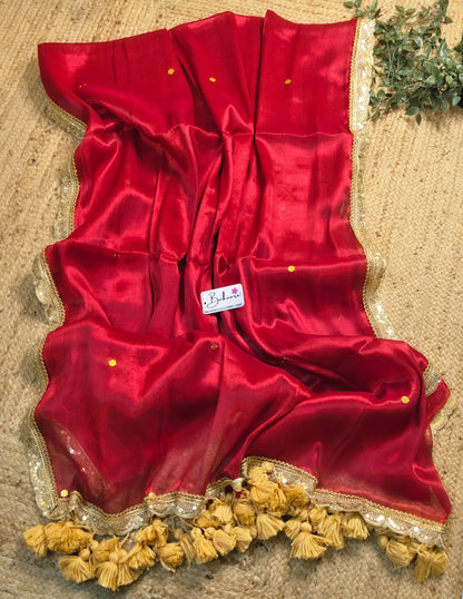 Megha | Bridal Red Tissue Saree with Sequin and Designer Zari Lace