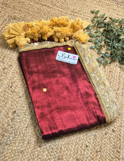 Megha | Maroon Party Wear Tissue Saree with Sequin and Designer Zari Lace