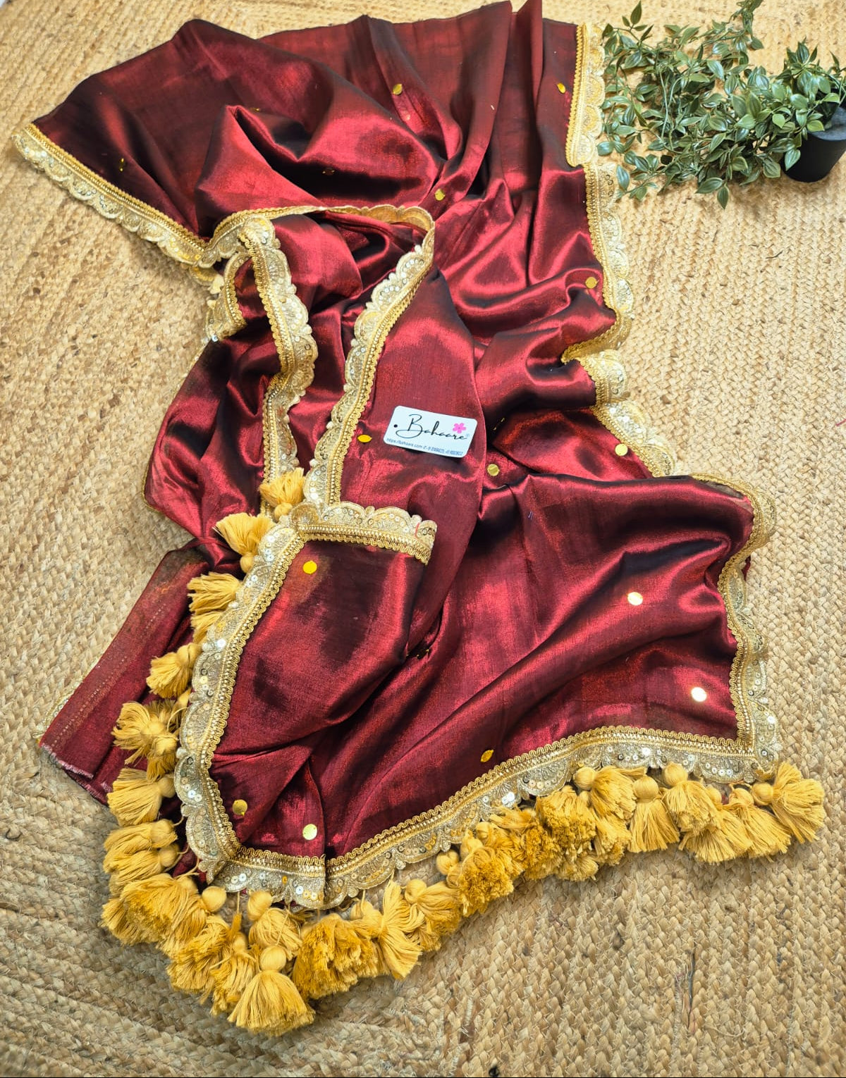 Megha | Maroon Party Wear Tissue Saree with Sequin and Designer Zari Lace