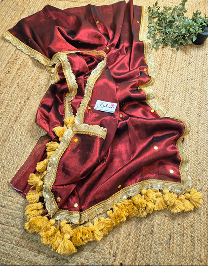 Megha | Maroon Party Wear Tissue Saree with Sequin and Designer Zari Lace