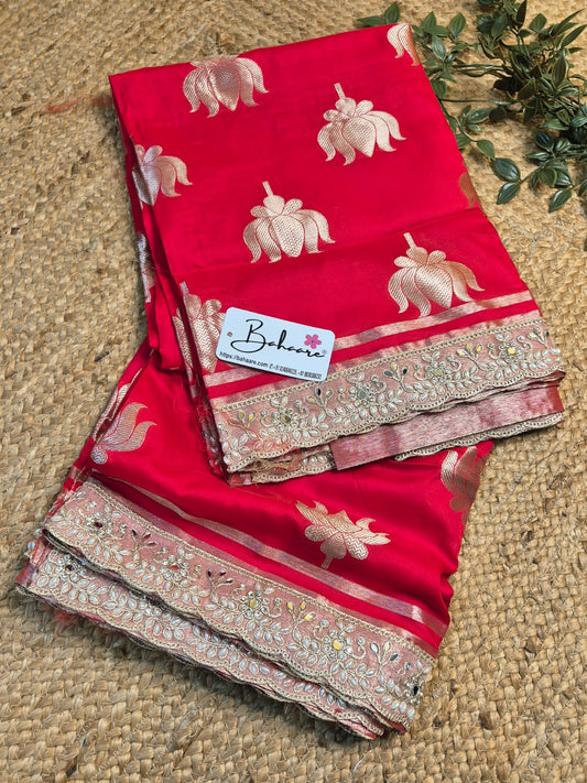 Utsav | Designer Red Benarasi Soft Mashru Silk Saree with Golden Zari Lace
