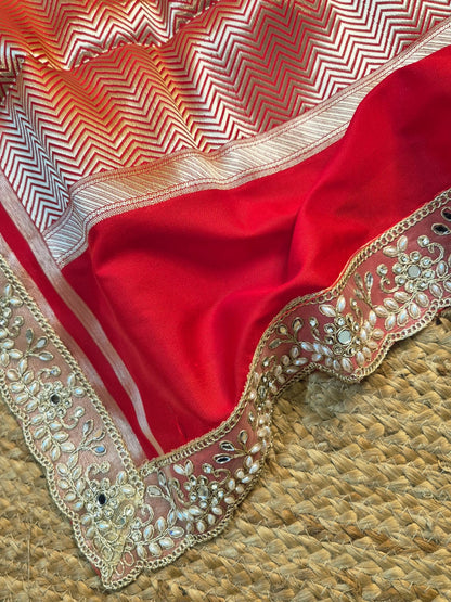 Utsav | Designer Red Benarasi Soft Mashru Silk Saree with Golden Zari Lace