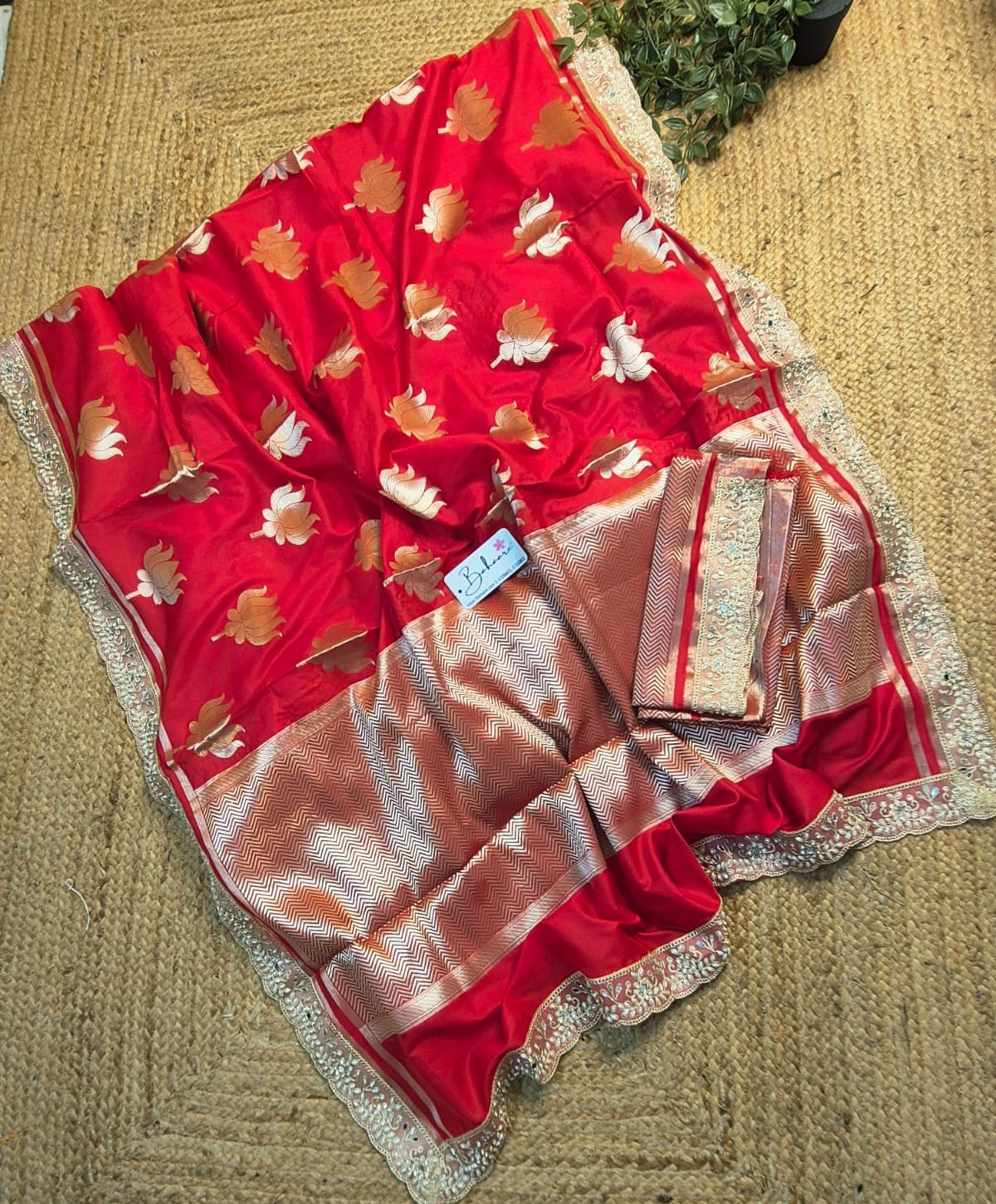 Utsav | Designer Red Benarasi Soft Mashru Silk Saree with Golden Zari Lace