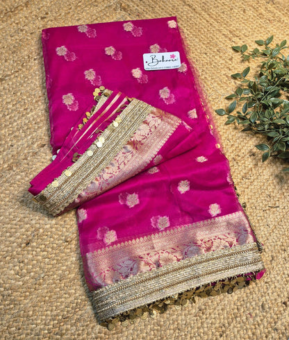 Utsav | Pure Rani Pink Benarasi Tissue Silk Saree with Metallic Coin Gota Patti Lace