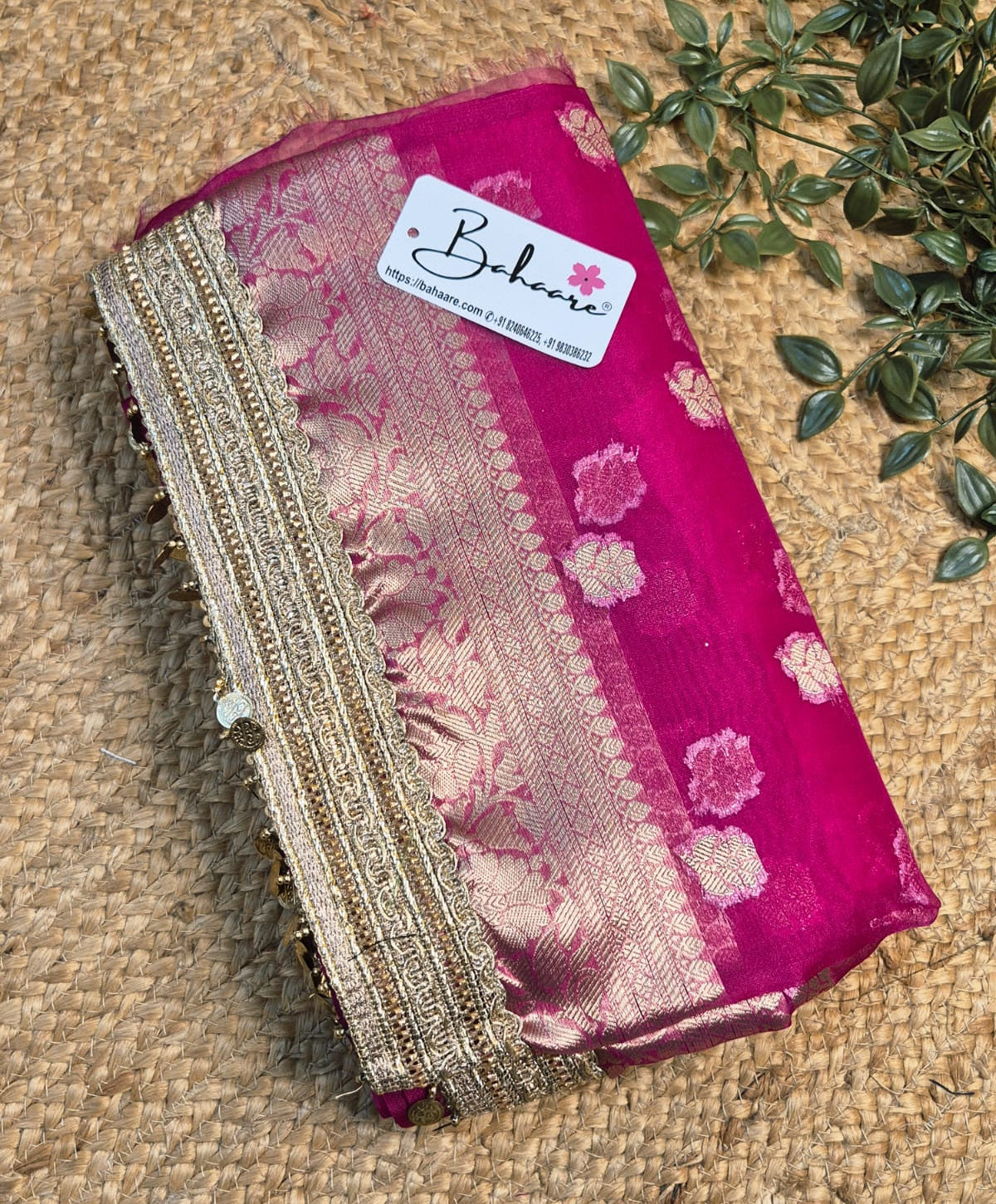 Utsav | Pure Rani Pink Benarasi Tissue Silk Saree with Metallic Coin Gota Patti Lace