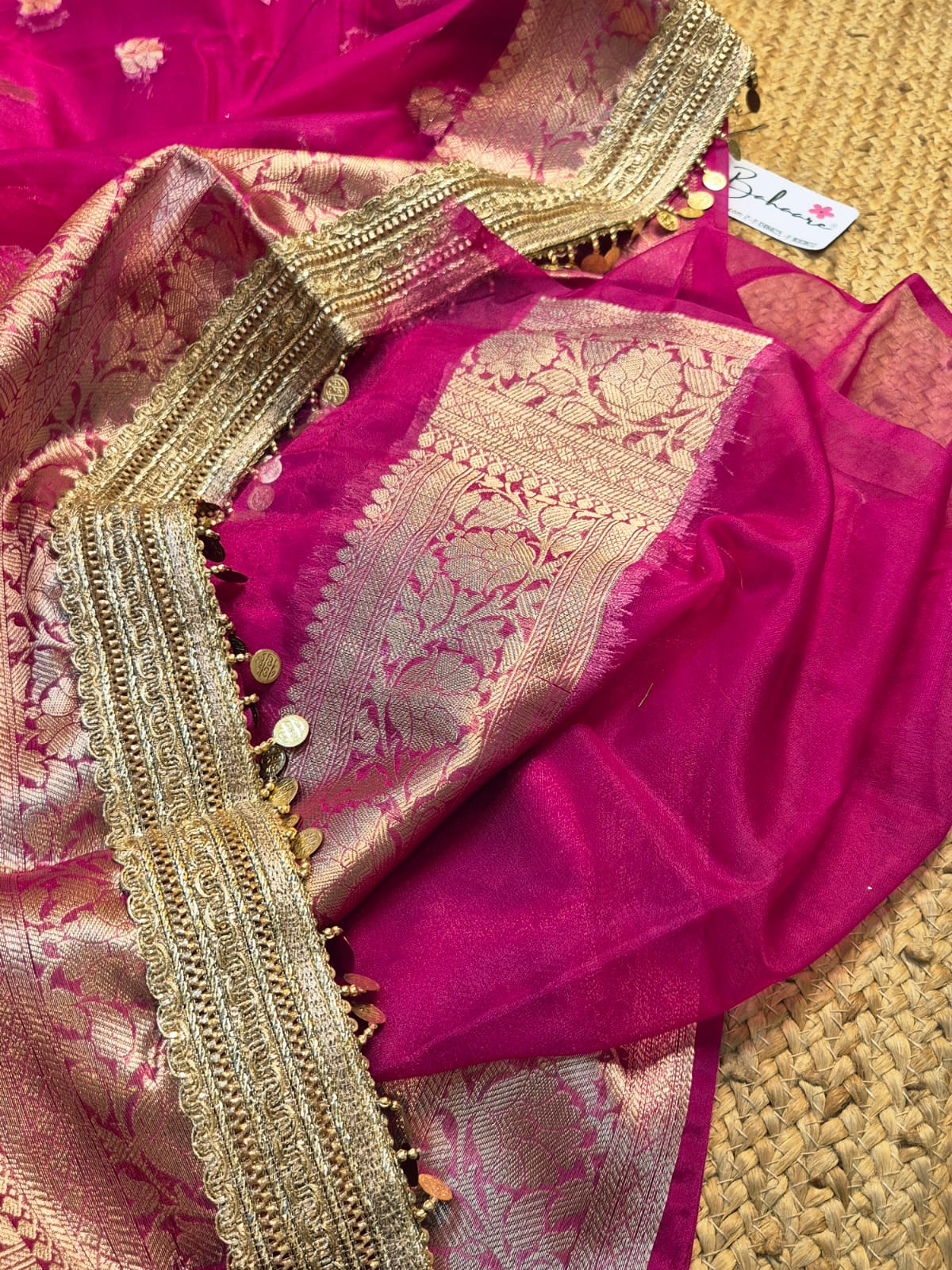 Utsav | Pure Rani Pink Benarasi Tissue Silk Saree with Metallic Coin Gota Patti Lace