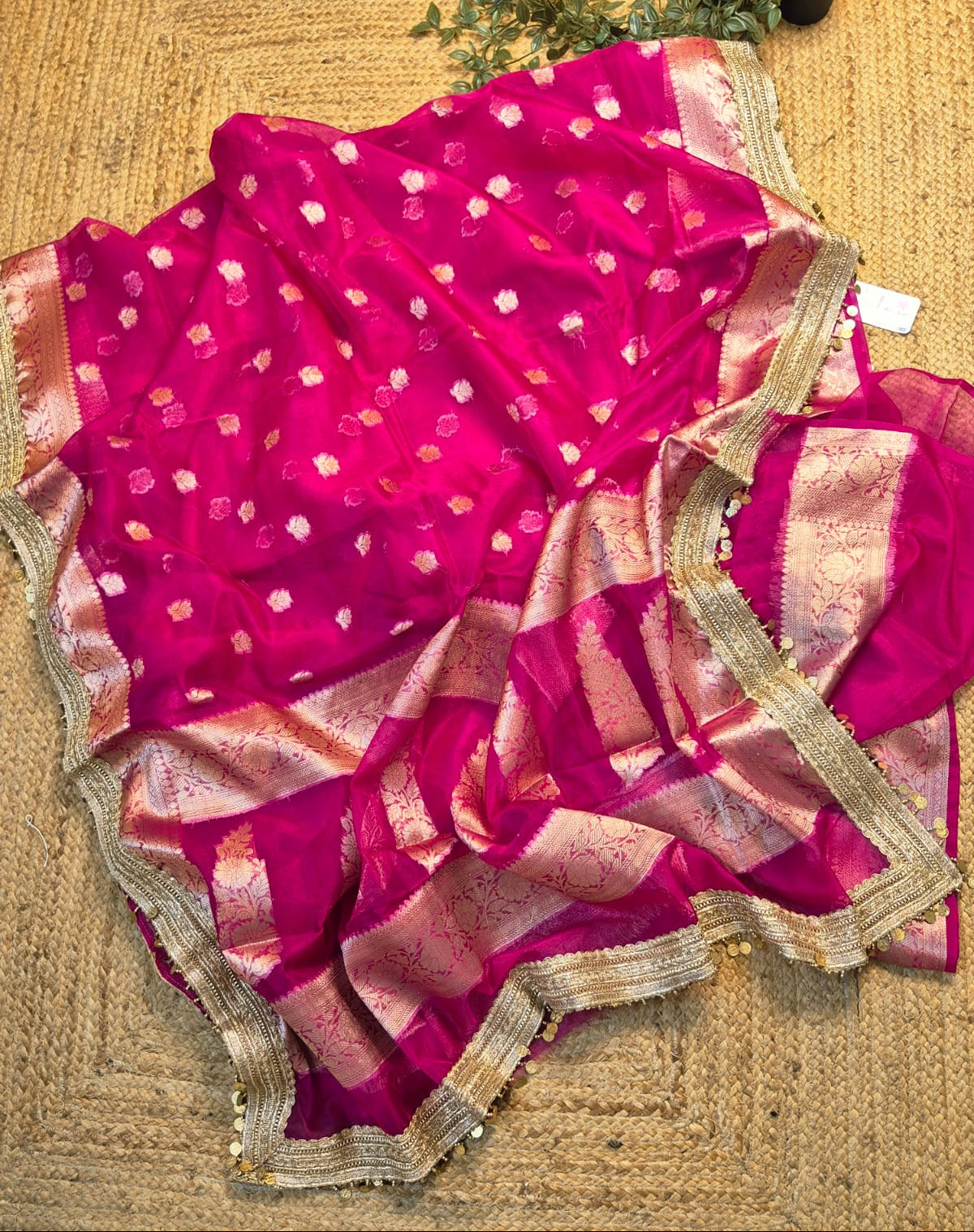 Utsav | Pure Rani Pink Benarasi Tissue Silk Saree with Metallic Coin Gota Patti Lace