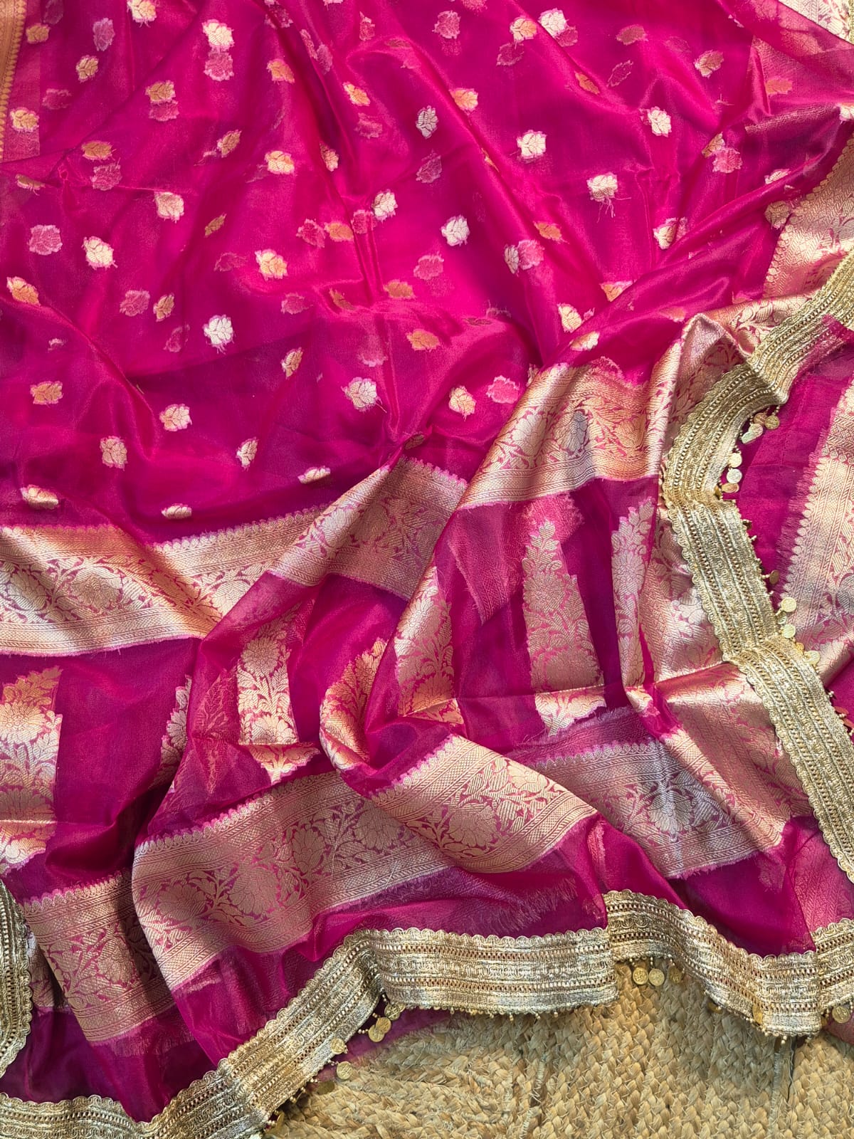 Utsav | Pure Rani Pink Benarasi Tissue Silk Saree with Metallic Coin Gota Patti Lace