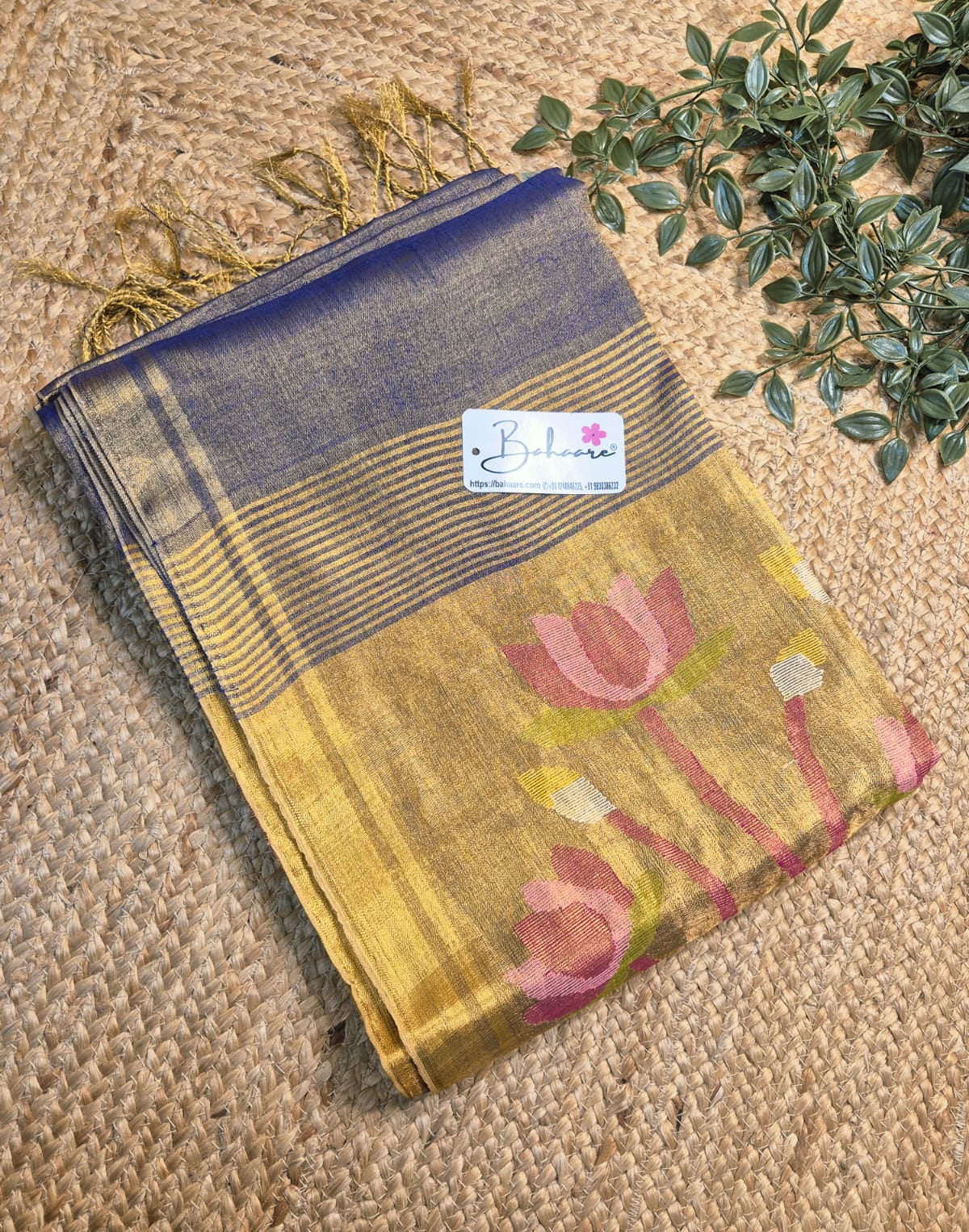 Springtime Serenity | Metallic Blue Tissue Linen Saree with Paithani Motif
