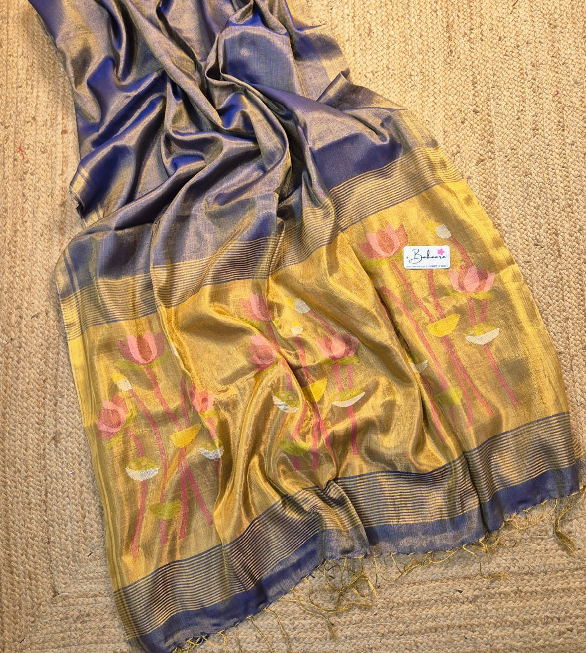 Springtime Serenity | Metallic Blue Tissue Linen Saree with Paithani Motif