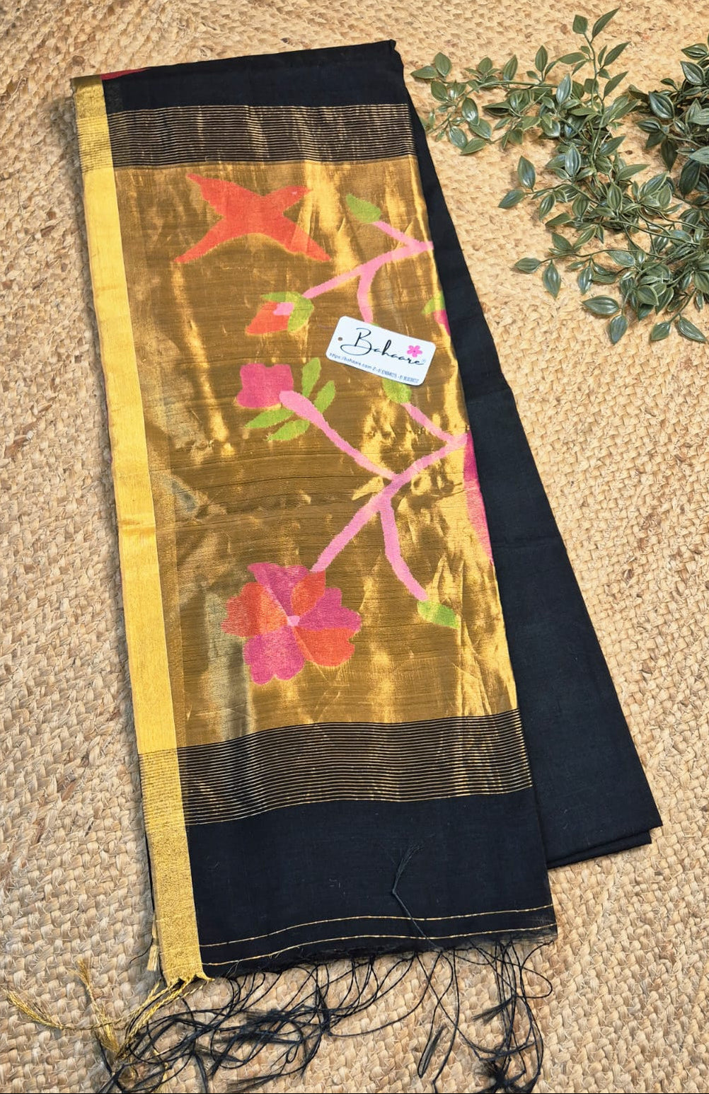 Springtime Serenity | Elegant Black Tissue Linen Saree with Handwoven Paithani Motif
