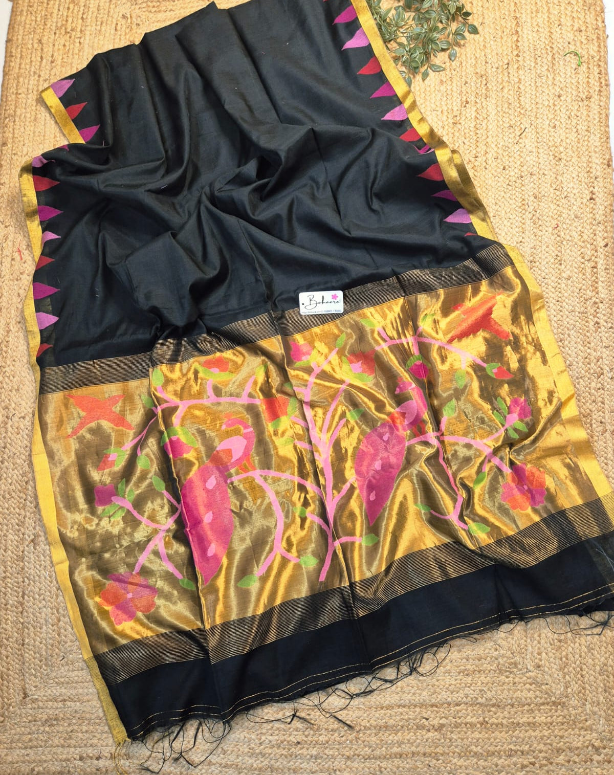 Springtime Serenity | Elegant Black Tissue Linen Saree with Handwoven Paithani Motif