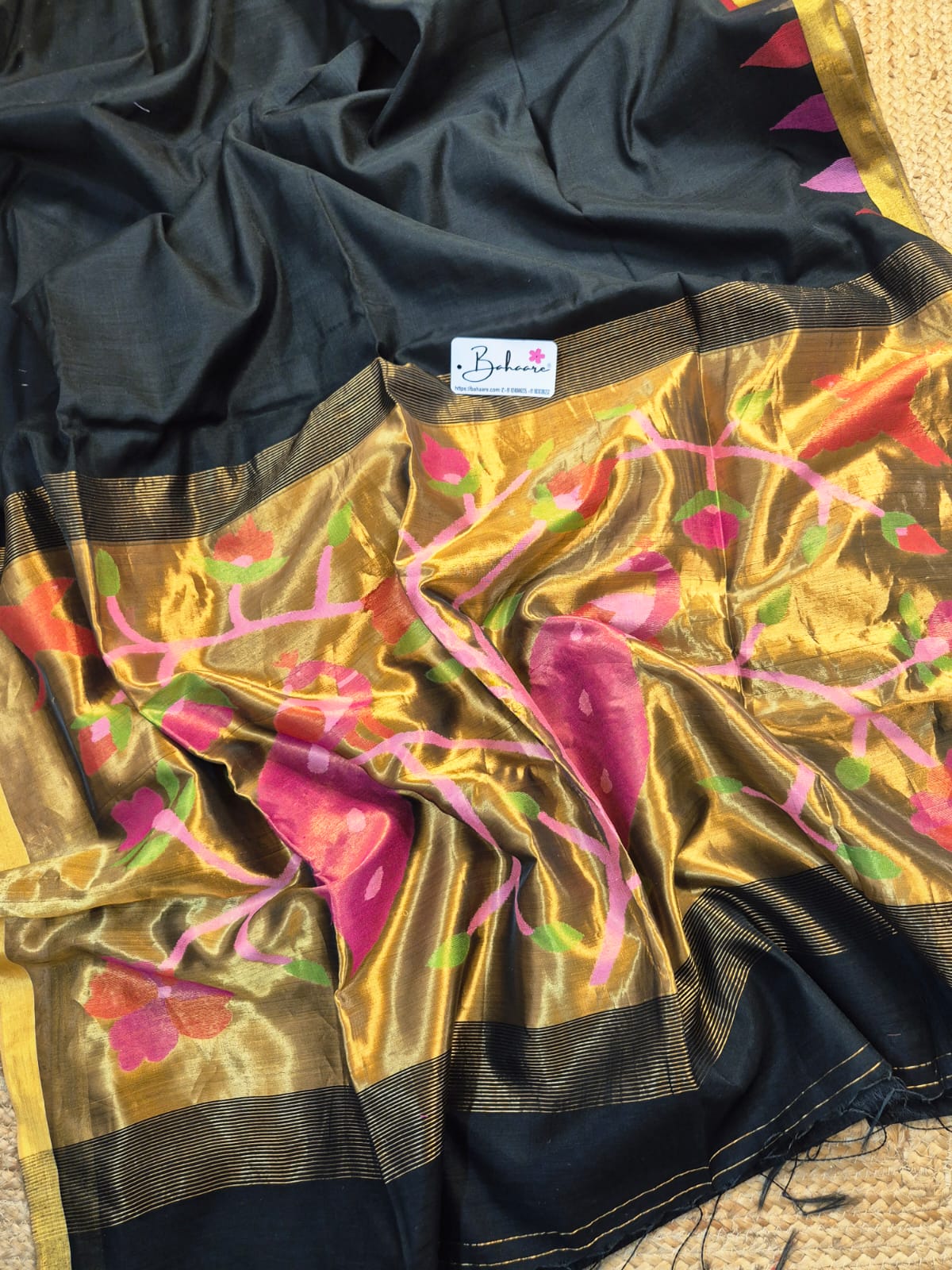 Springtime Serenity | Elegant Black Tissue Linen Saree with Handwoven Paithani Motif