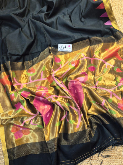 Springtime Serenity | Elegant Black Tissue Linen Saree with Handwoven Paithani Motif