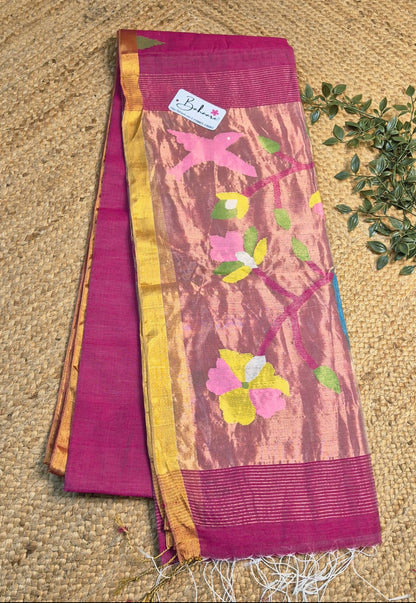 Springtime Serenity | Rani Pink Tissue Linen Saree with Handwoven Paithani Motif