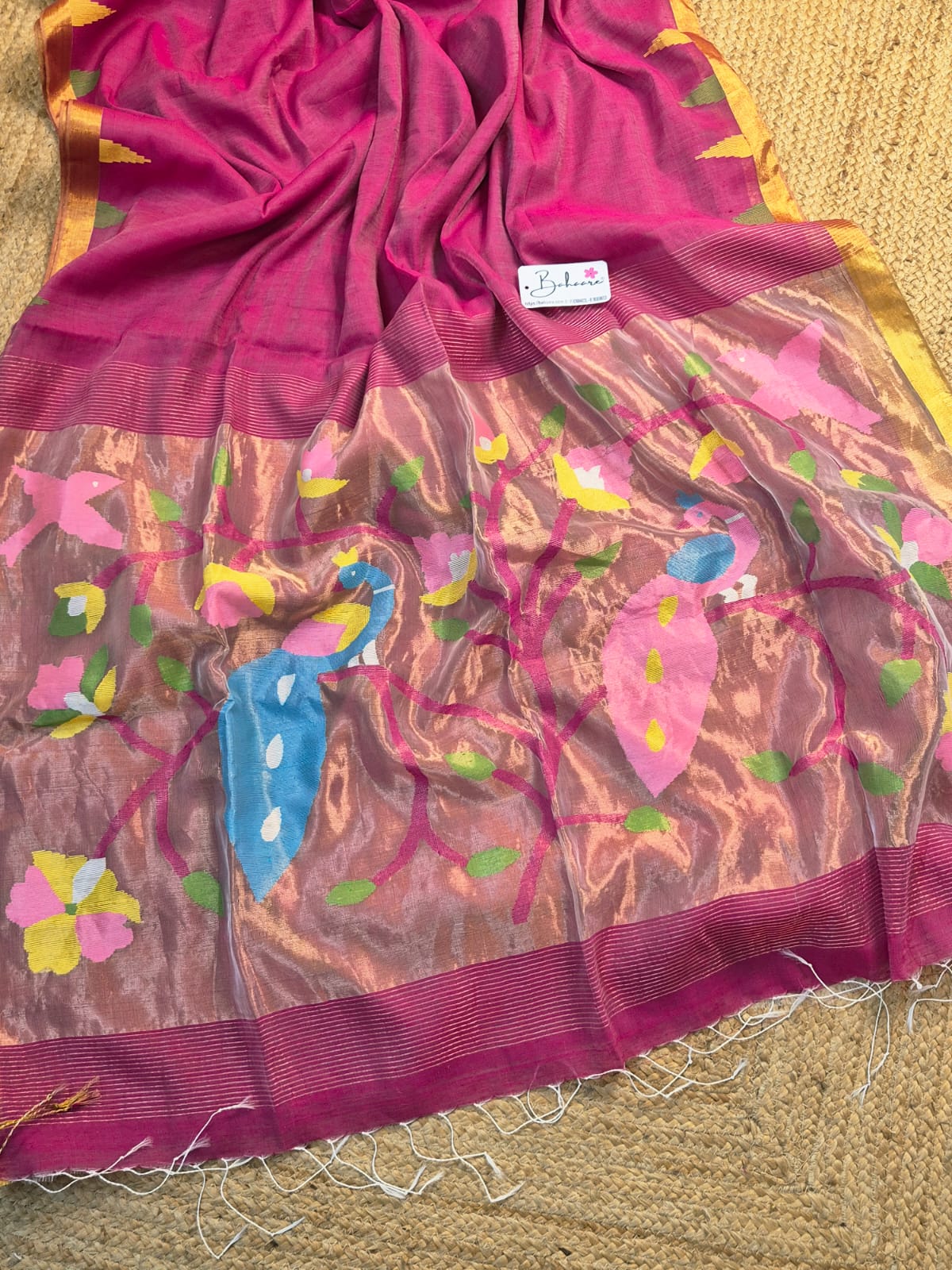 Springtime Serenity | Rani Pink Tissue Linen Saree with Handwoven Paithani Motif