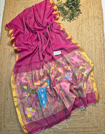 Springtime Serenity | Rani Pink Tissue Linen Saree with Handwoven Paithani Motif