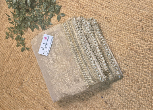 Utsav | Golden Beige Crushed Tissue Saree with Golden Moti Lace