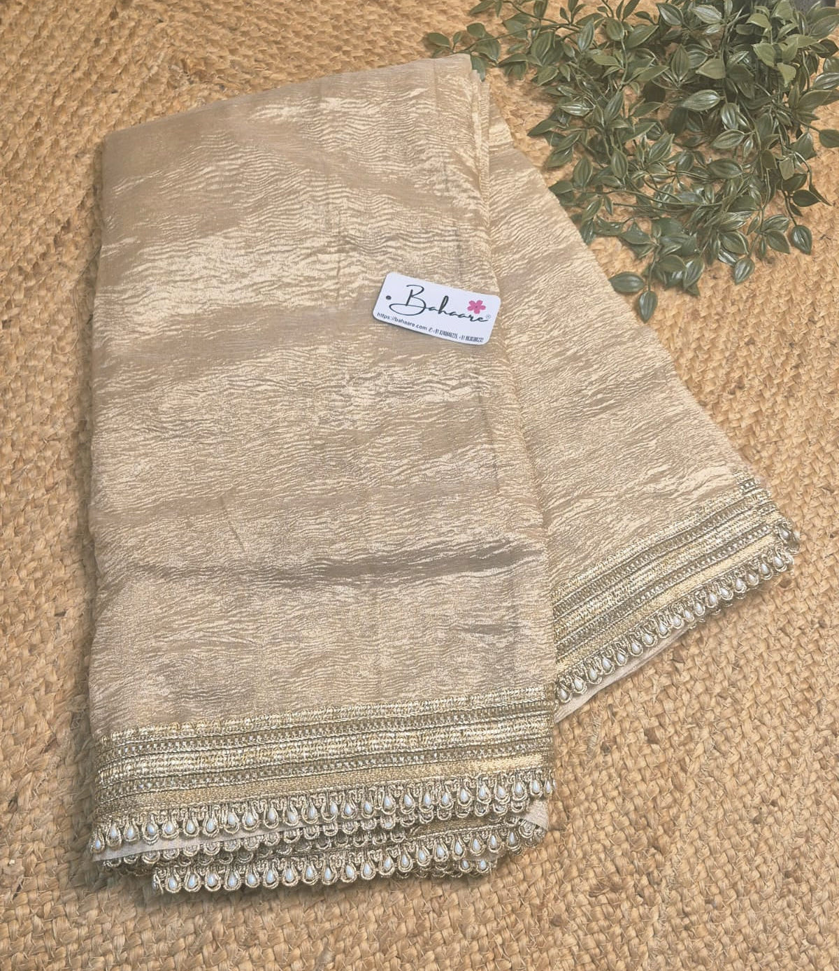 Utsav | Golden Beige Crushed Tissue Saree with Golden Moti Lace