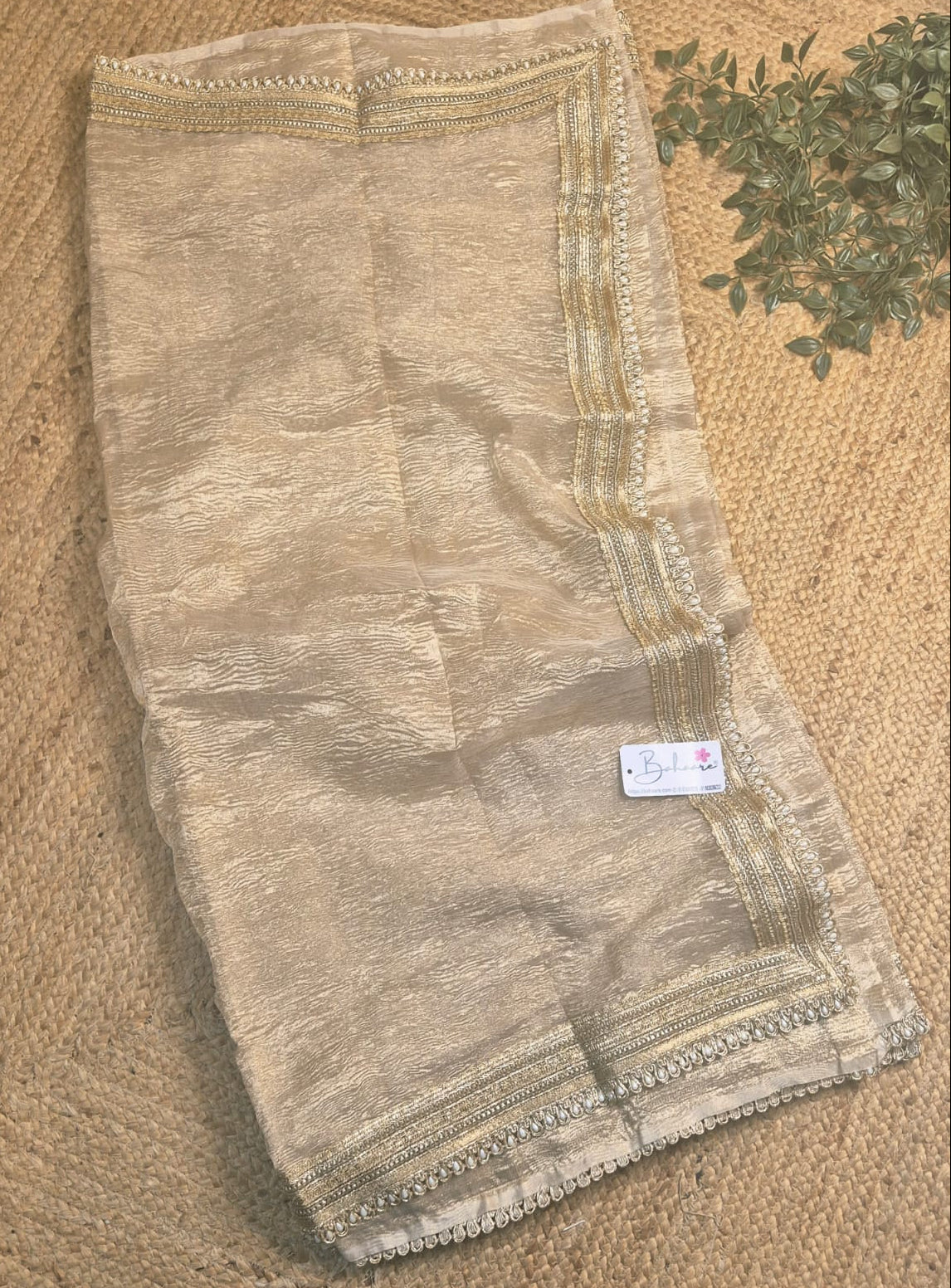 Utsav | Golden Beige Crushed Tissue Saree with Golden Moti Lace