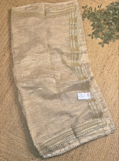 Utsav | Golden Beige Crushed Tissue Saree with Golden Moti Lace