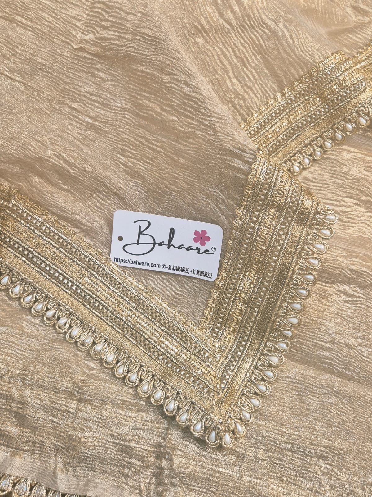 Utsav | Golden Beige Crushed Tissue Saree with Golden Moti Lace