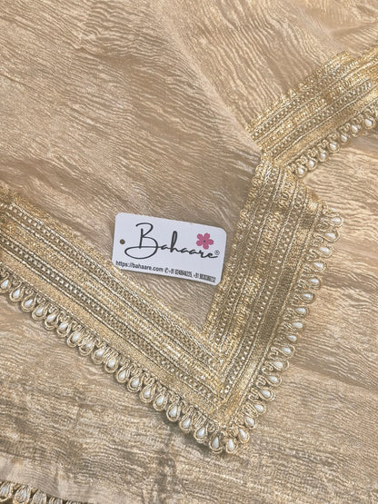 Utsav | Golden Beige Crushed Tissue Saree with Golden Moti Lace