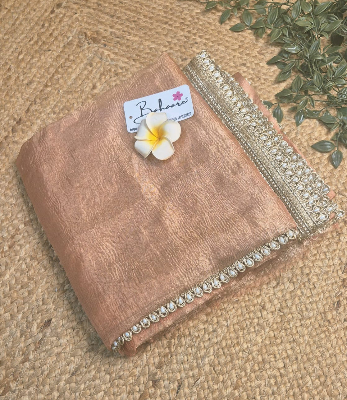 Utsav | Rose Gold Crushed Tissue Saree with Golden Moti Lace