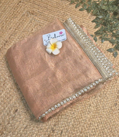 Utsav | Rose Gold Crushed Tissue Saree with Golden Moti Lace
