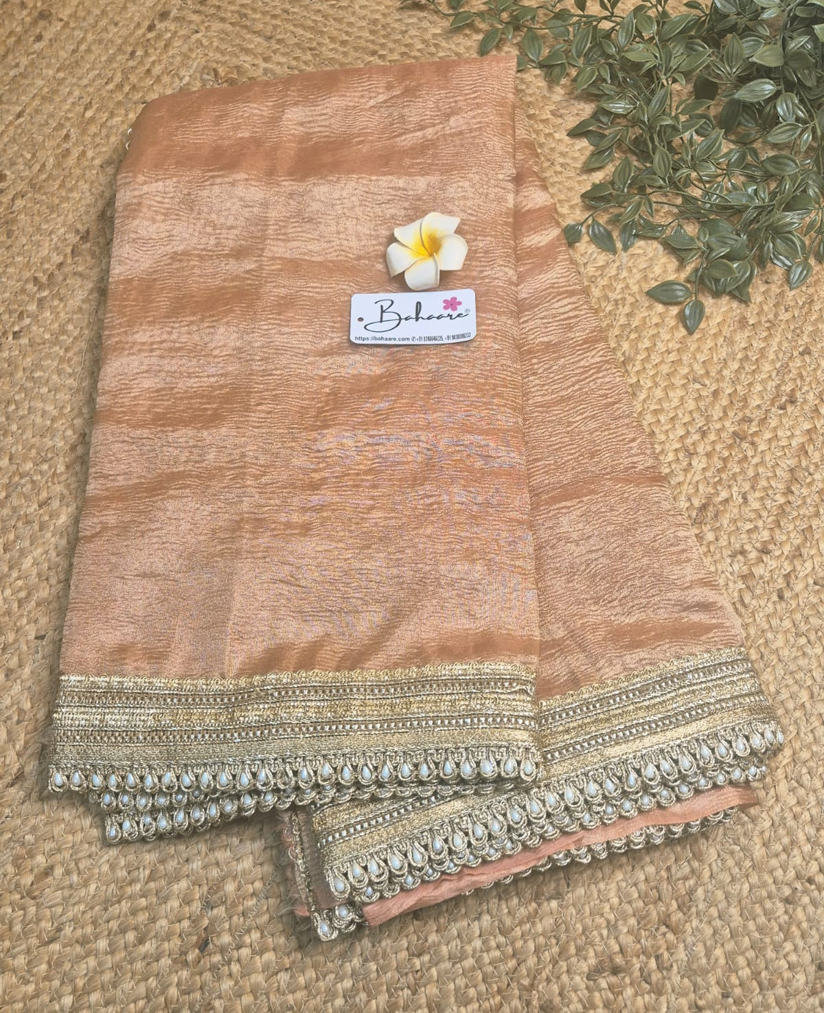 Utsav | Rose Gold Crushed Tissue Saree with Golden Moti Lace