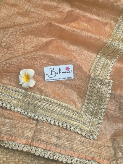 Utsav | Rose Gold Crushed Tissue Saree with Golden Moti Lace