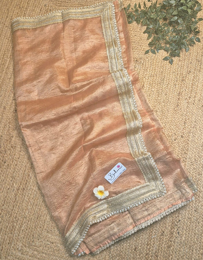 Utsav | Rose Gold Crushed Tissue Saree with Golden Moti Lace