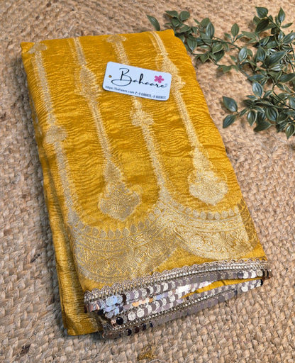 Utsav | Haldi Yellow Crushed Tissue Saree with Lace