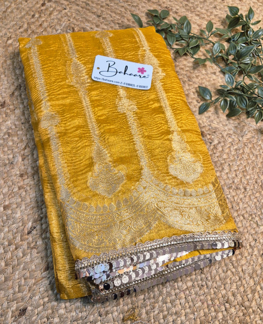 Utsav | Haldi Yellow Crushed Tissue Saree with Lace