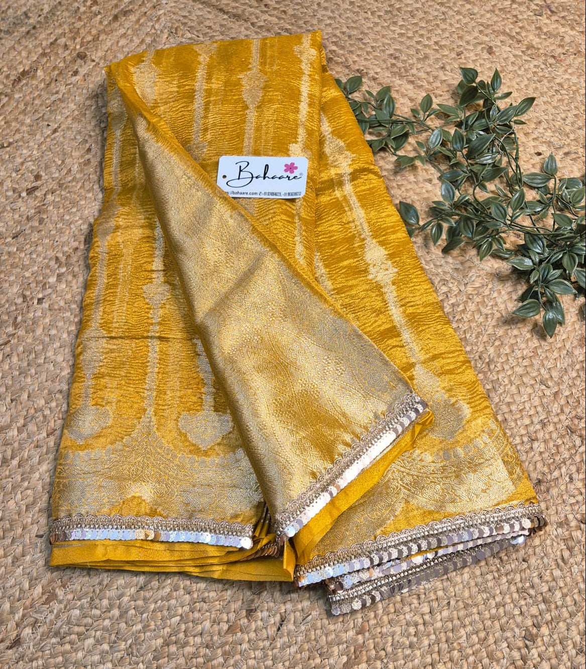 Utsav | Haldi Yellow Crushed Tissue Saree with Lace