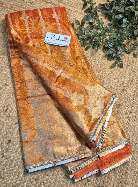 Utsav | Fanta Orange Crushed Tissue Saree with Lace