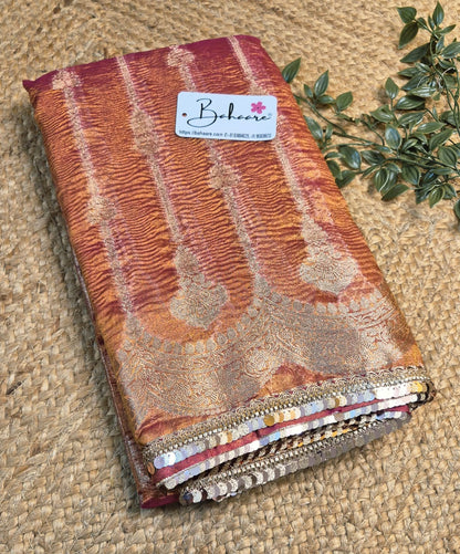 Utsav | Orange and Rani Pink Dual Tone Crushed Tissue Saree with Lace