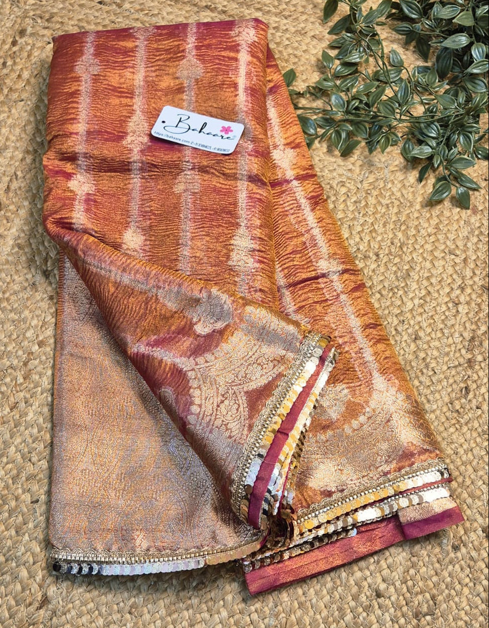 Utsav | Orange and Rani Pink Dual Tone Crushed Tissue Saree with Lace